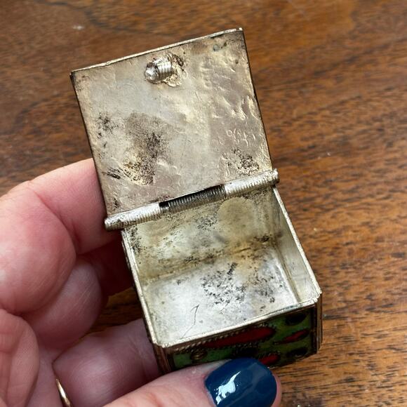 Vintage silver metal trinket box inlaid stone hinged lid blue green red enamel - Picture 6 of 8